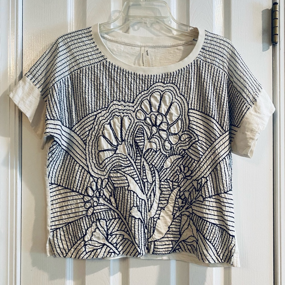 Anthropologie Navy and White Embroidered T-Shirt